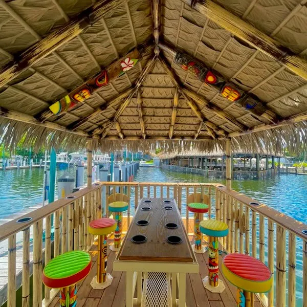 a chair sitting in front of a pool of water