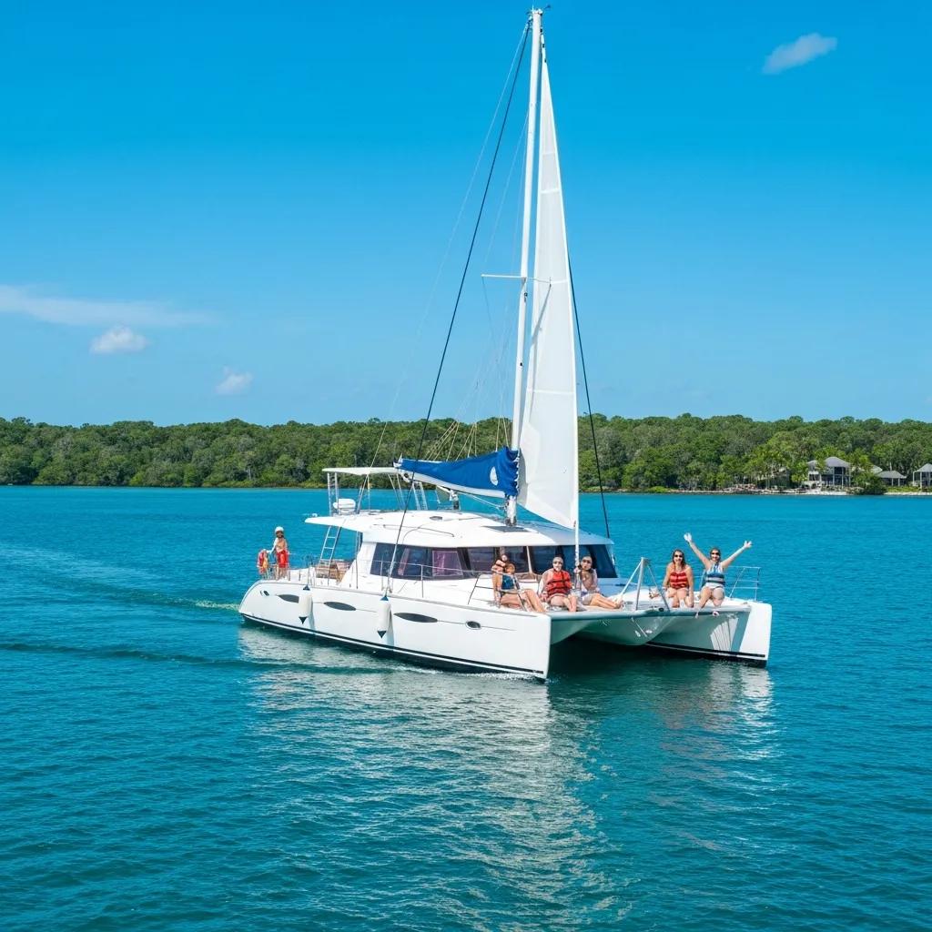 Sailboat with people sailing on blue water under clear sky with shoreline in background.