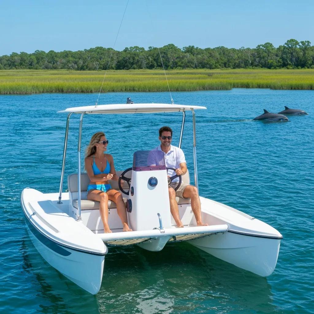 Two people on a white boat with dolphins swimming nearby in a lush green lake.