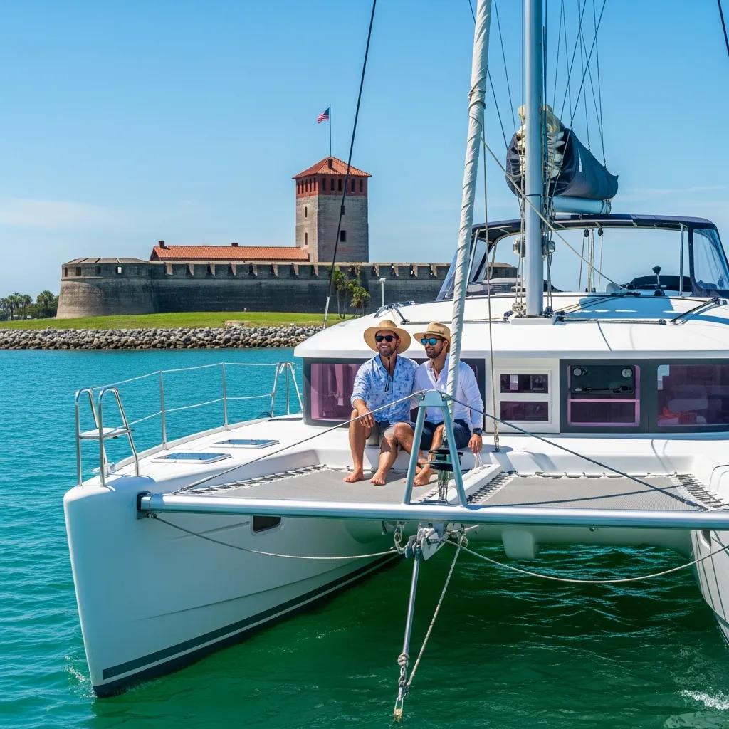 Two people in hats on a yacht with a historic fort in the background on a sunny day.