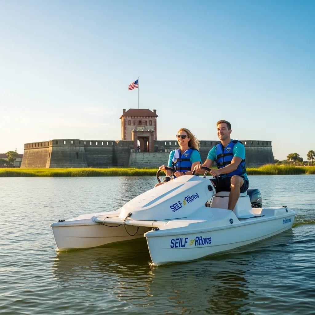 Two people on a watercraft near a historic fort with an American flag.
