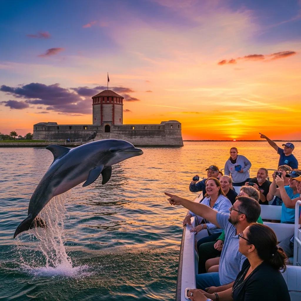 Dolphin jumping near a boat of people at sunset, fort in background.