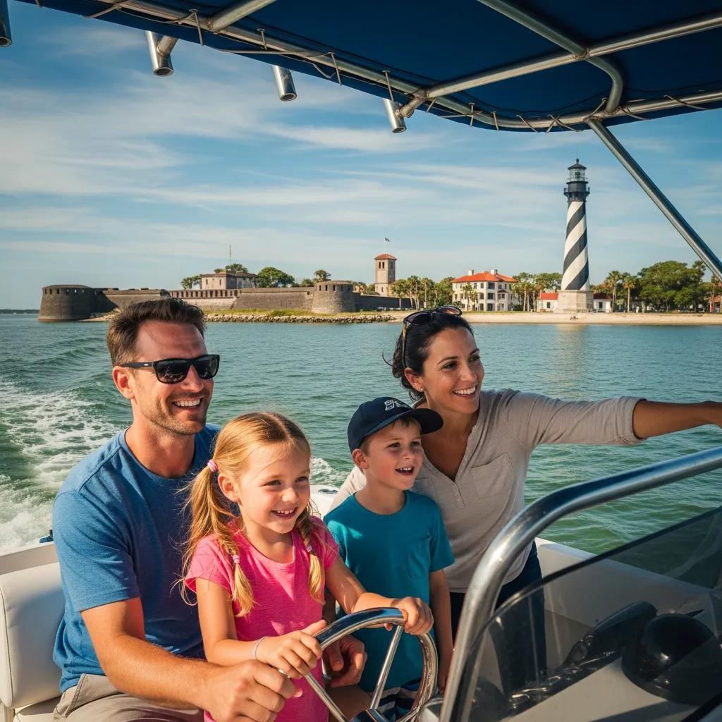 Family of four smiling on a boat near a lighthouse and fort in the background.