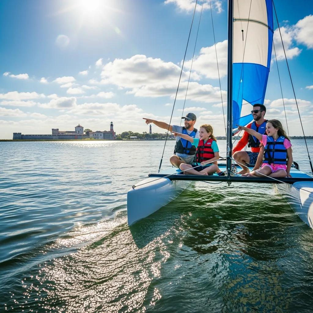 Family on sailboat with life vests, pointing at landmarks, sunny day.