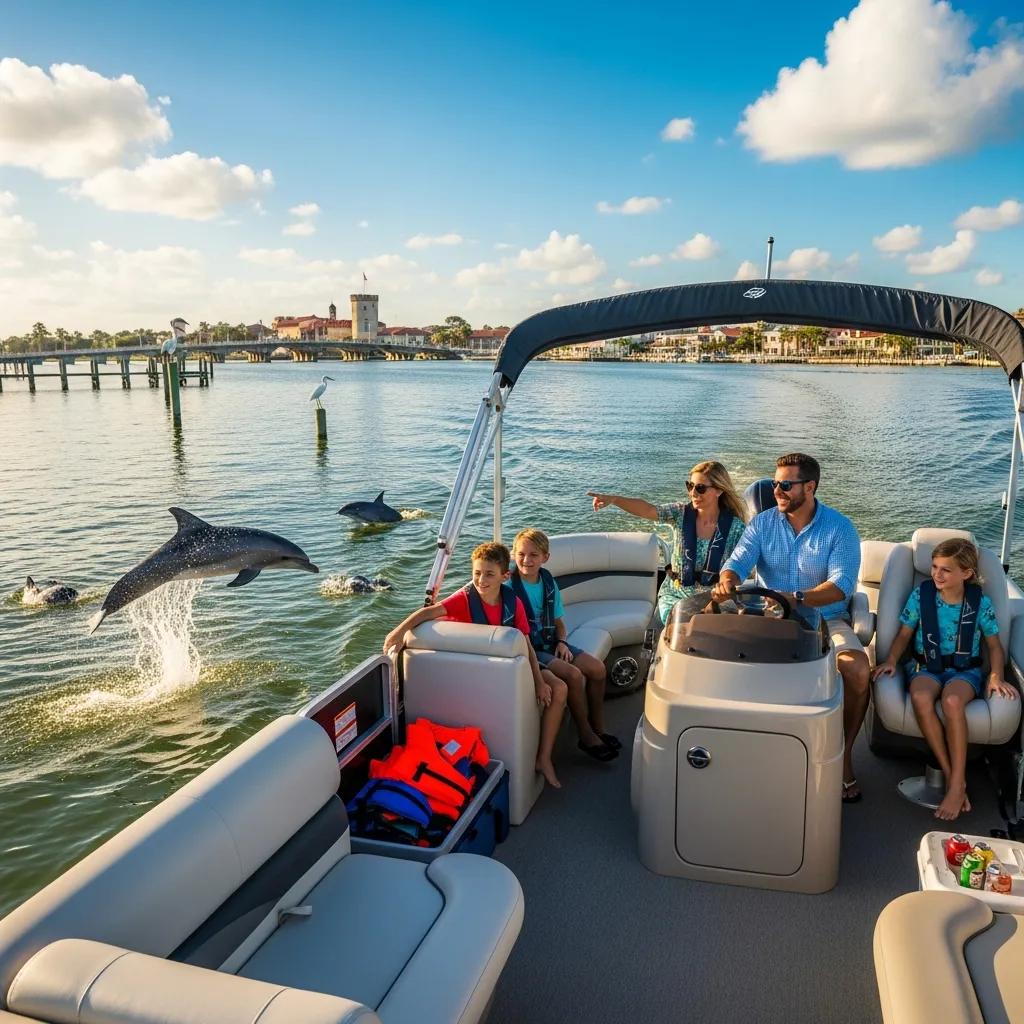Family on boat watches dolphins jumping near a coastal city under a blue sky.